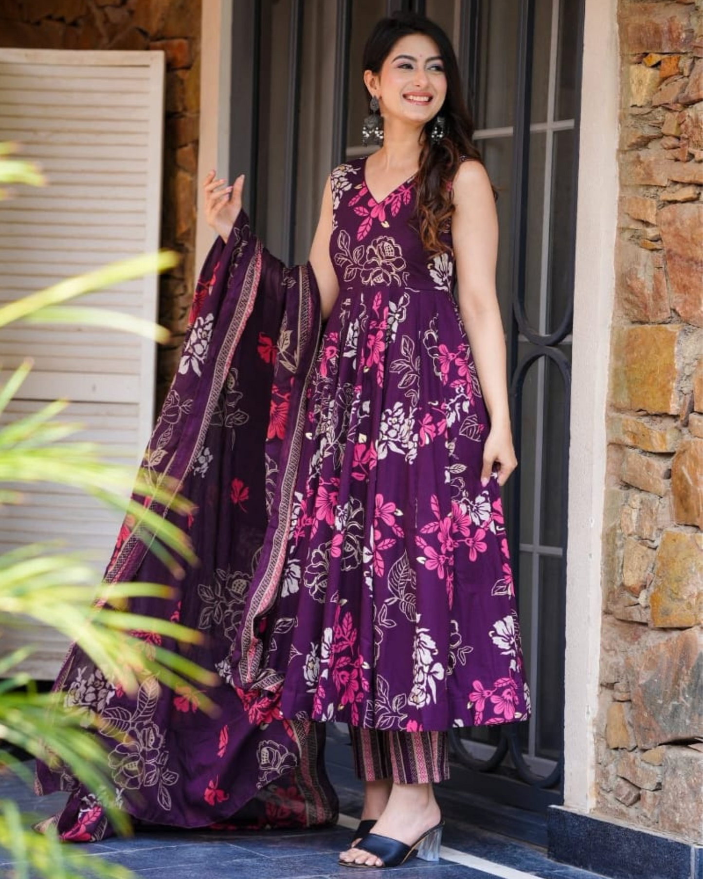 Purple Floral Cotton Kurta with Striped Pants Perfect for Outings