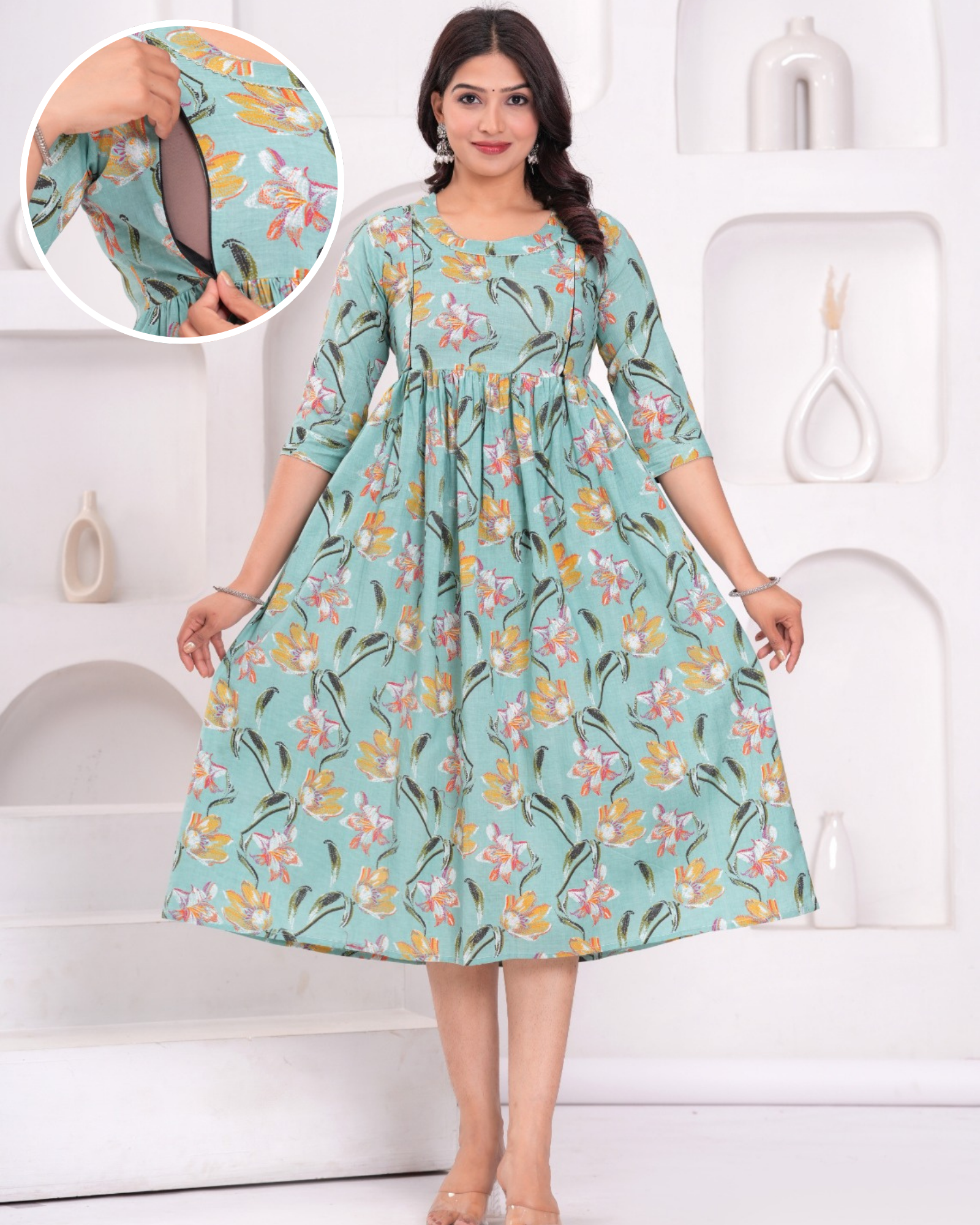 Stylish Pista Floral Maternity Gown with Practical Feeding Zip