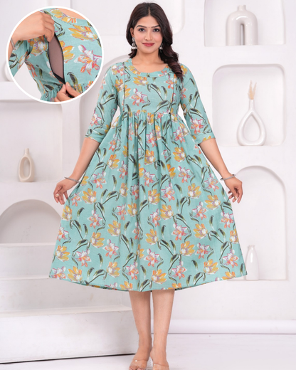 Stylish Pista Floral Maternity Gown with Practical Feeding Zip