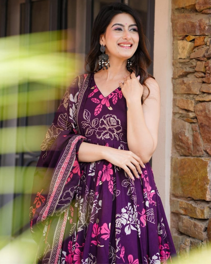 Purple Floral Cotton Kurta with Striped Pants Perfect for Outings
