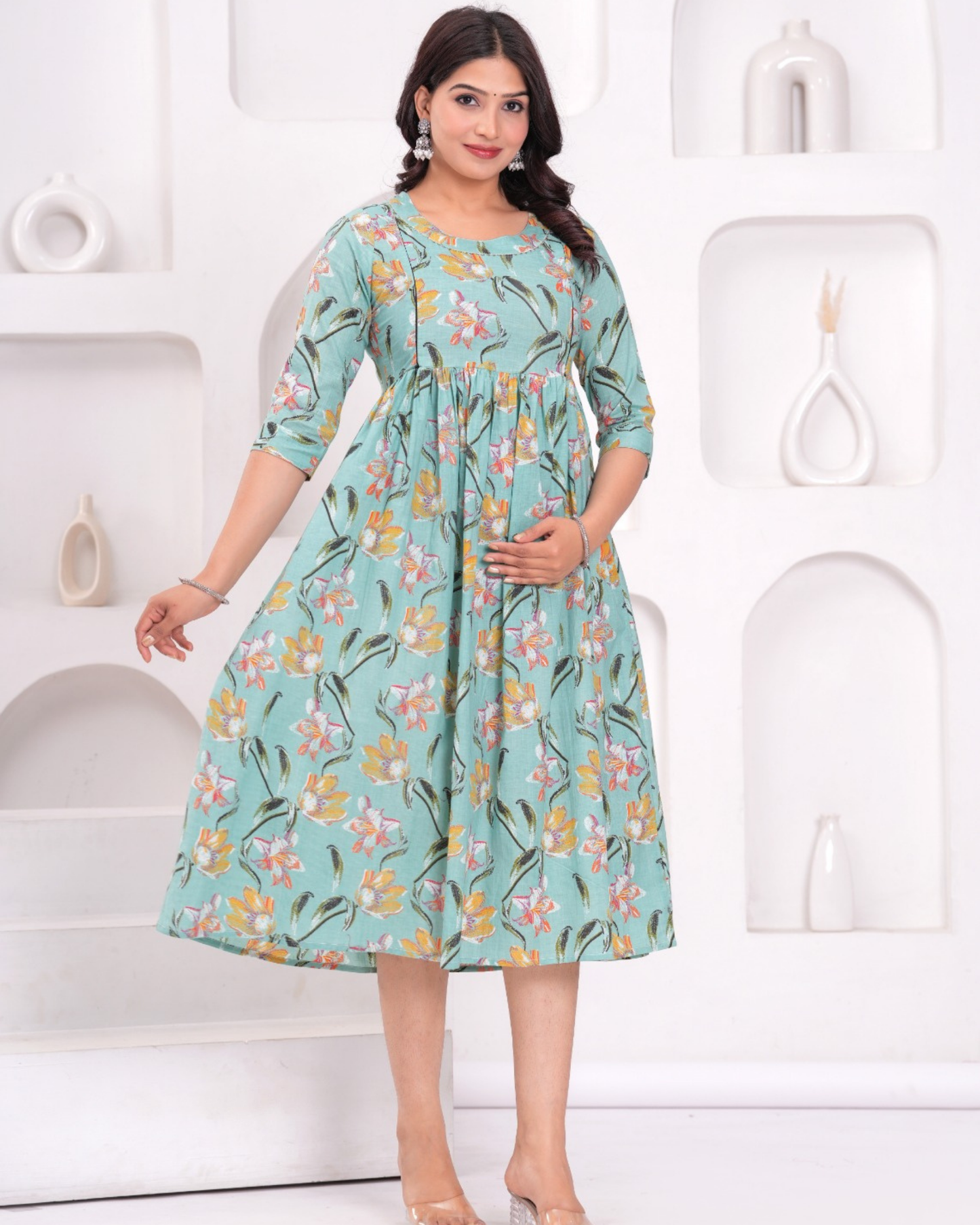 Stylish Pista Floral Maternity Gown with Practical Feeding Zip