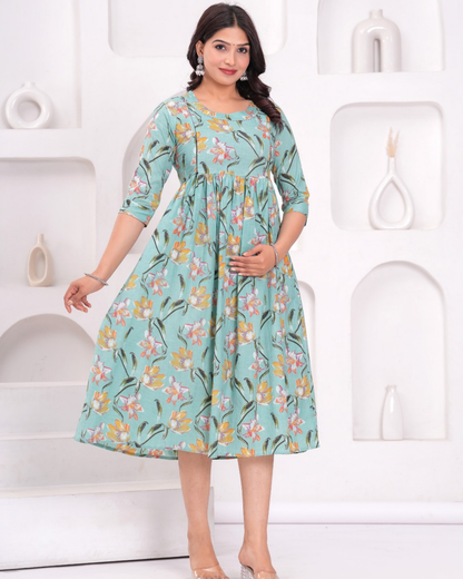 Stylish Pista Floral Maternity Gown with Practical Feeding Zip