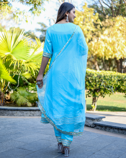 Sky Makdi Rayon Anarkali Kurti Set with Lace Work Pant & Dupatta
