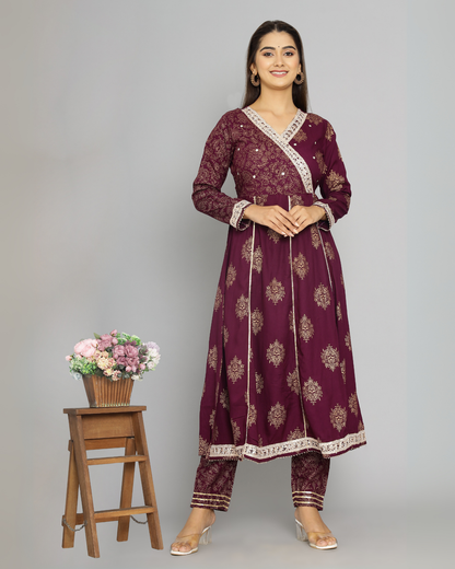 Purple Butta Jaal Kurti Set with Dupatta - Rayon & Chiffon