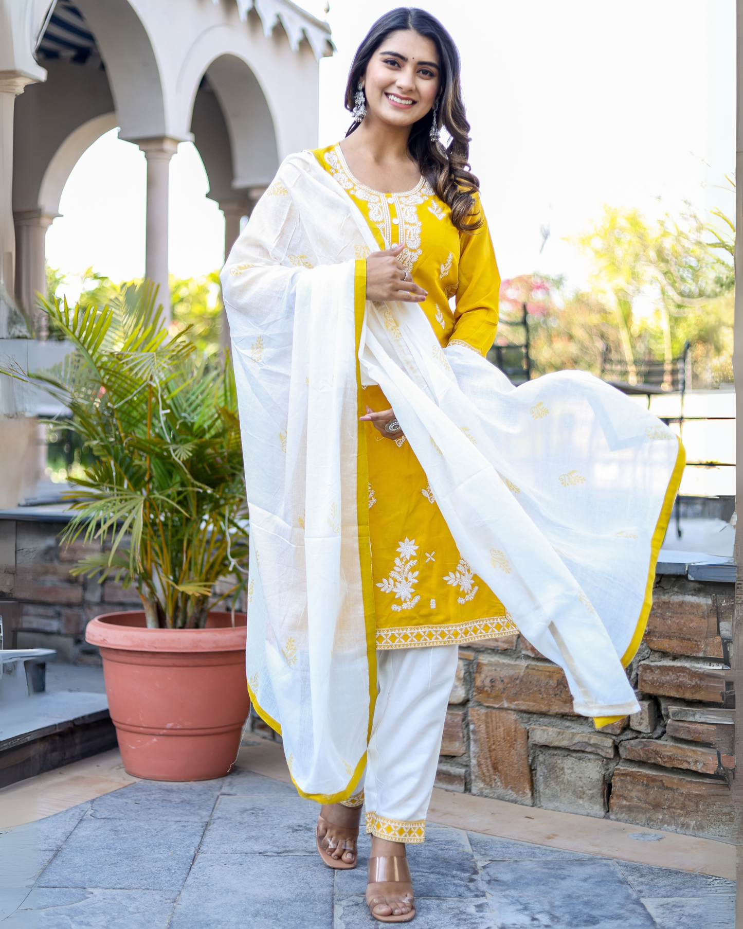 Mustard Kery Rayon Embroidered Kurti Set with Pant & Dupatta