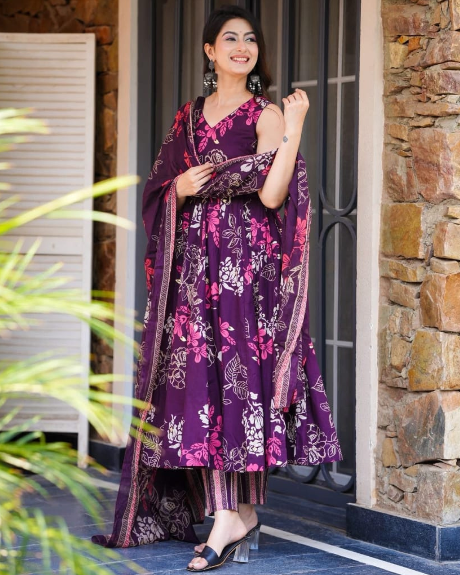 Purple Floral Cotton Kurta with Striped Pants Perfect for Outings
