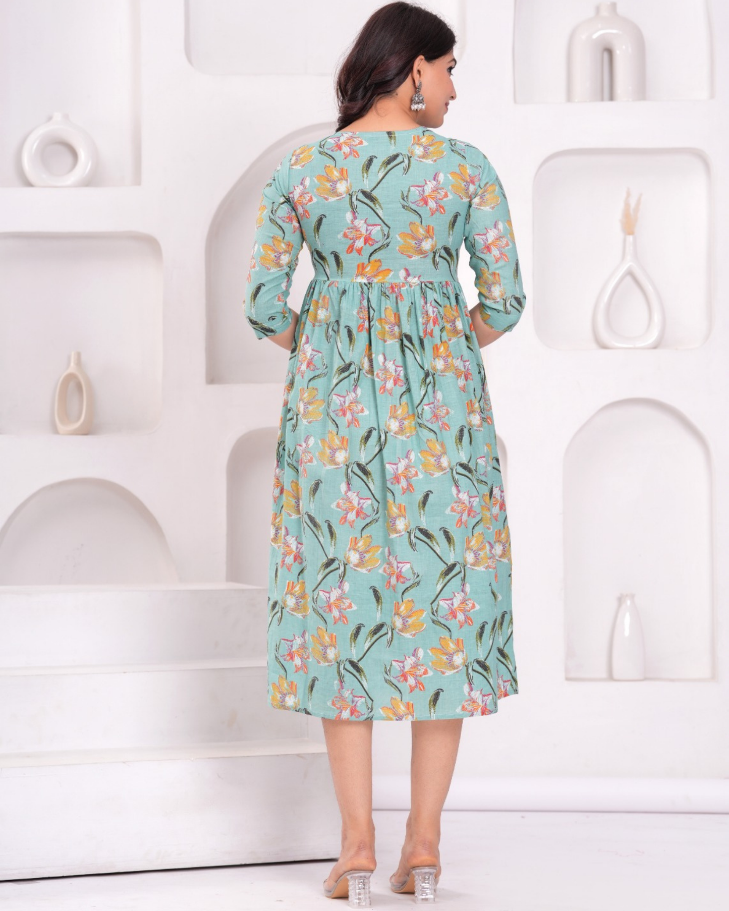 Stylish Pista Floral Maternity Gown with Practical Feeding Zip