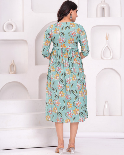 Stylish Pista Floral Maternity Gown with Practical Feeding Zip