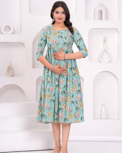 Stylish Pista Floral Maternity Gown with Practical Feeding Zip