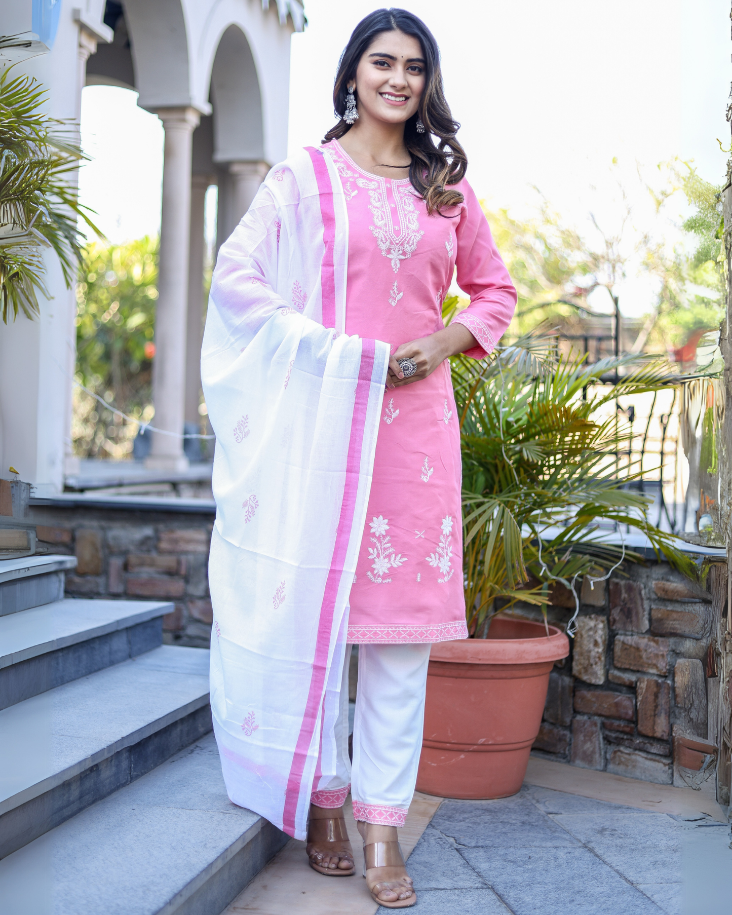 Pink Kery Rayon Embroidered Kurti Set with Pant & Dupatta