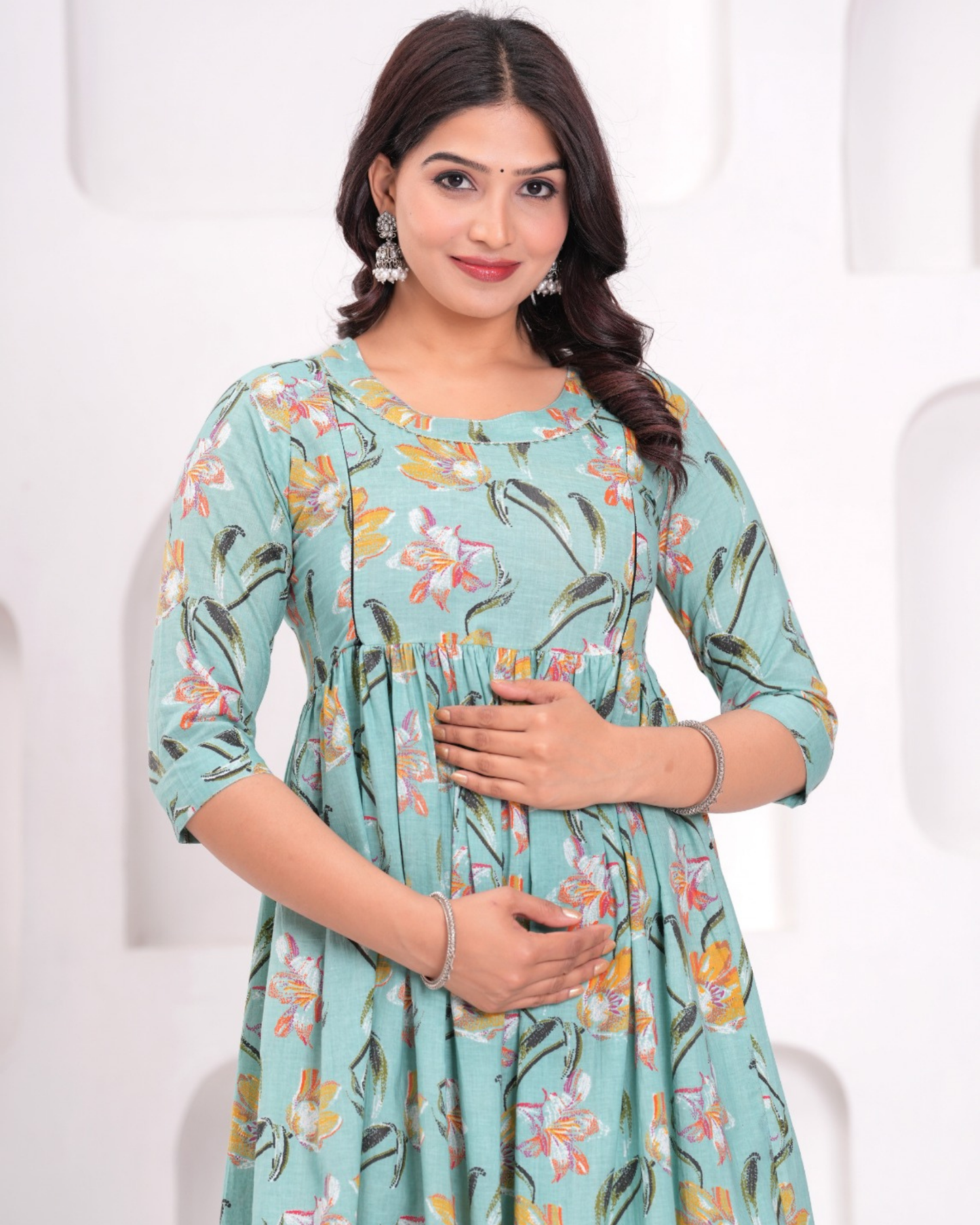 Stylish Pista Floral Maternity Gown with Practical Feeding Zip