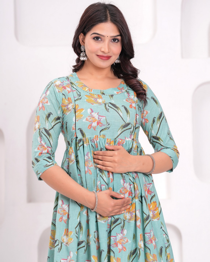 Stylish Pista Floral Maternity Gown with Practical Feeding Zip