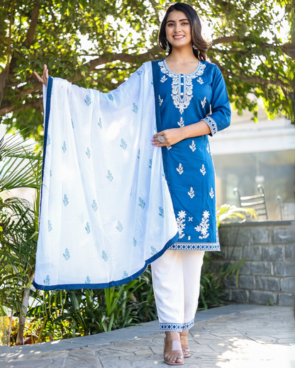 Rama Kery Rayon Embroidered Kurti Set with Pant & Dupatta