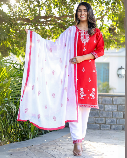 Red Kery Rayon Embroidered Kurti Set with Pant & Dupatta