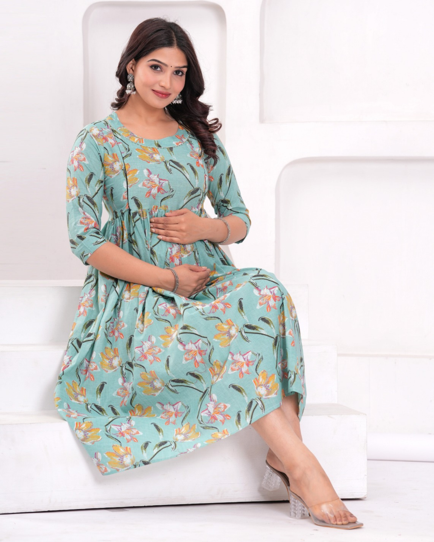 Stylish Pista Floral Maternity Gown with Practical Feeding Zip