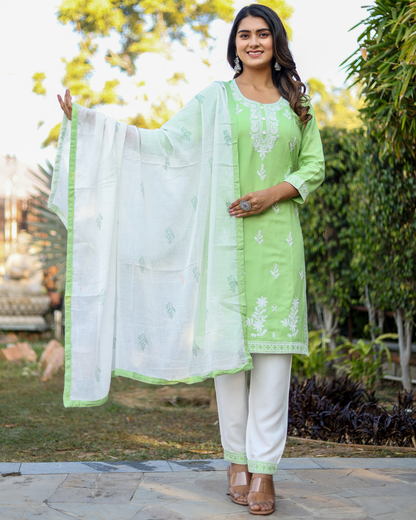 Pista Kery Rayon Embroidered Kurti Set with Pant & Dupatta