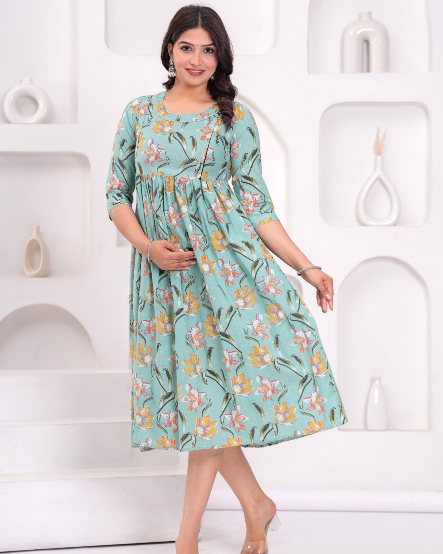Stylish Pista Floral Maternity Gown with Practical Feeding Zip