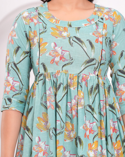 Stylish Pista Floral Maternity Gown with Practical Feeding Zip