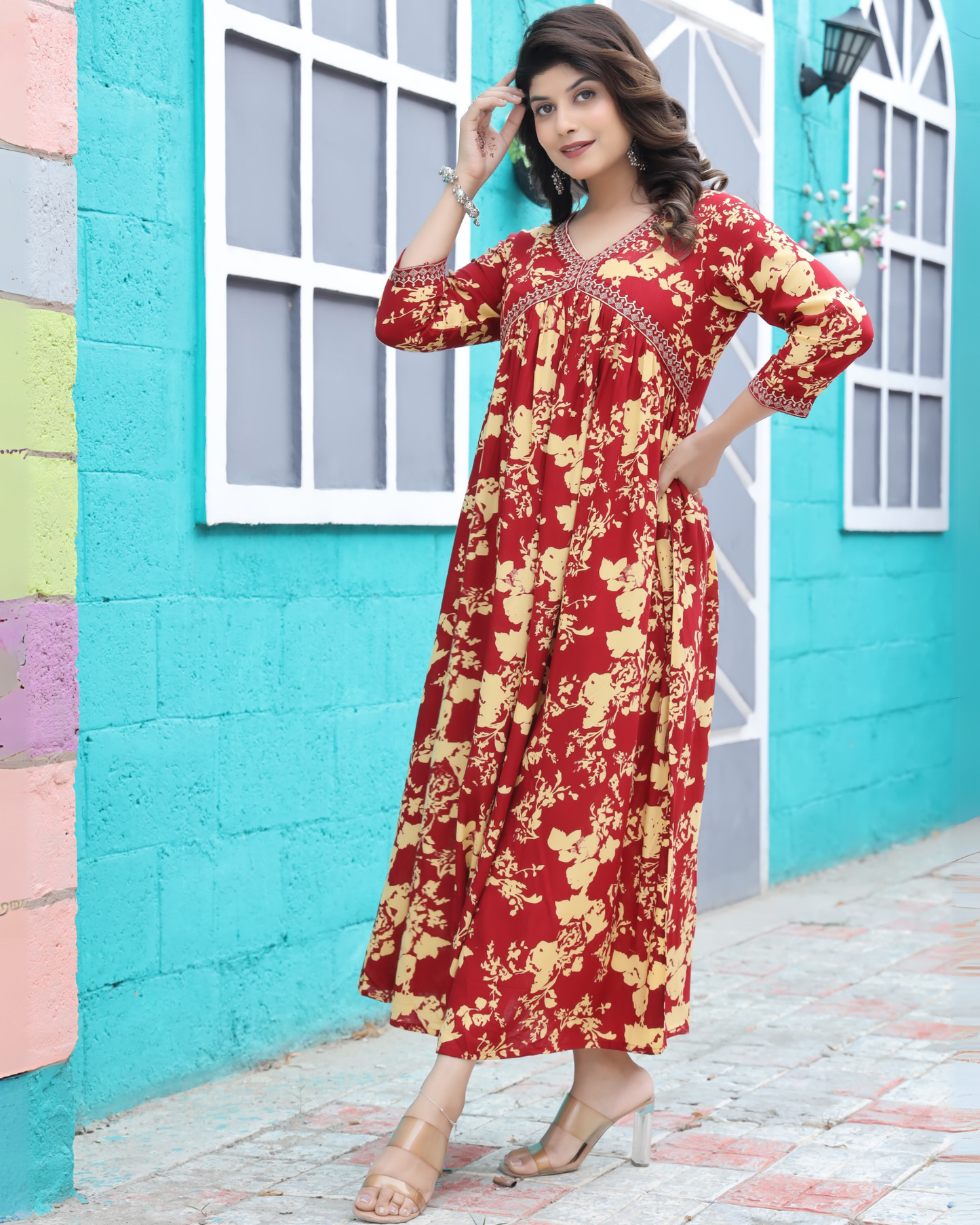 Maroon Dhoti Gown – Rayon Printed Full-Length Gown