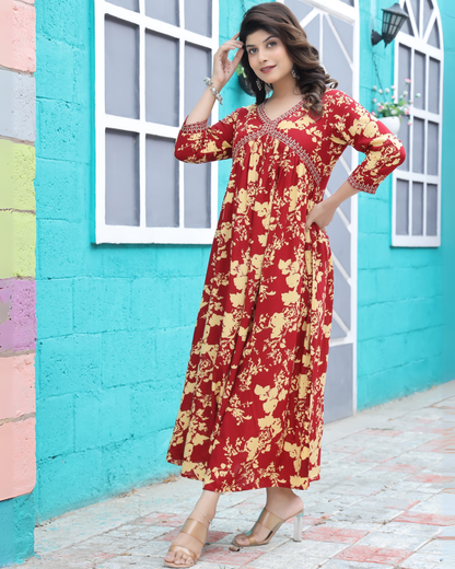 Maroon Dhoti Gown Ð Rayon Printed Full-Length Gown