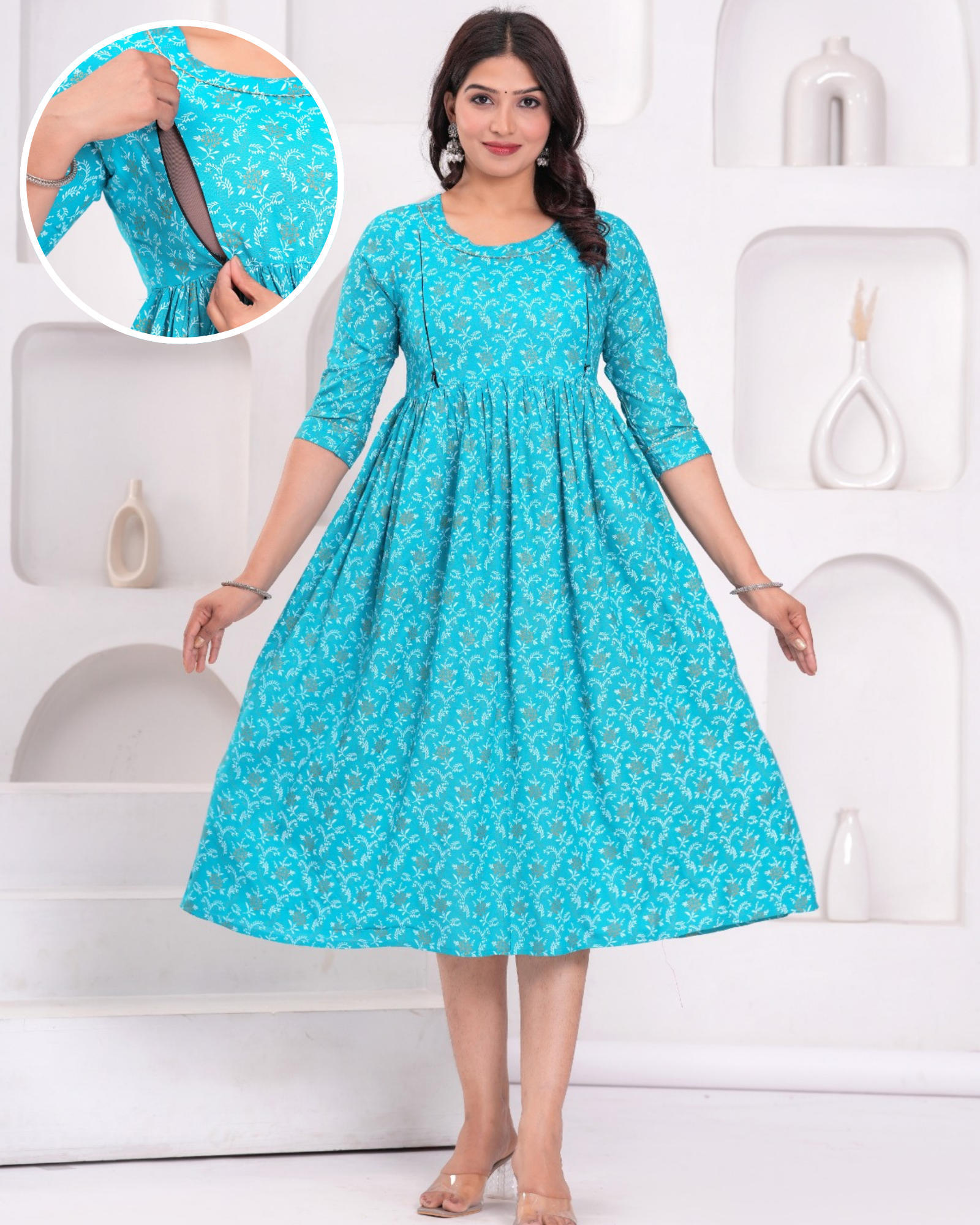 Elegant Turquoise Bell Maternity Gown with Feeding Zip – Heba Creation