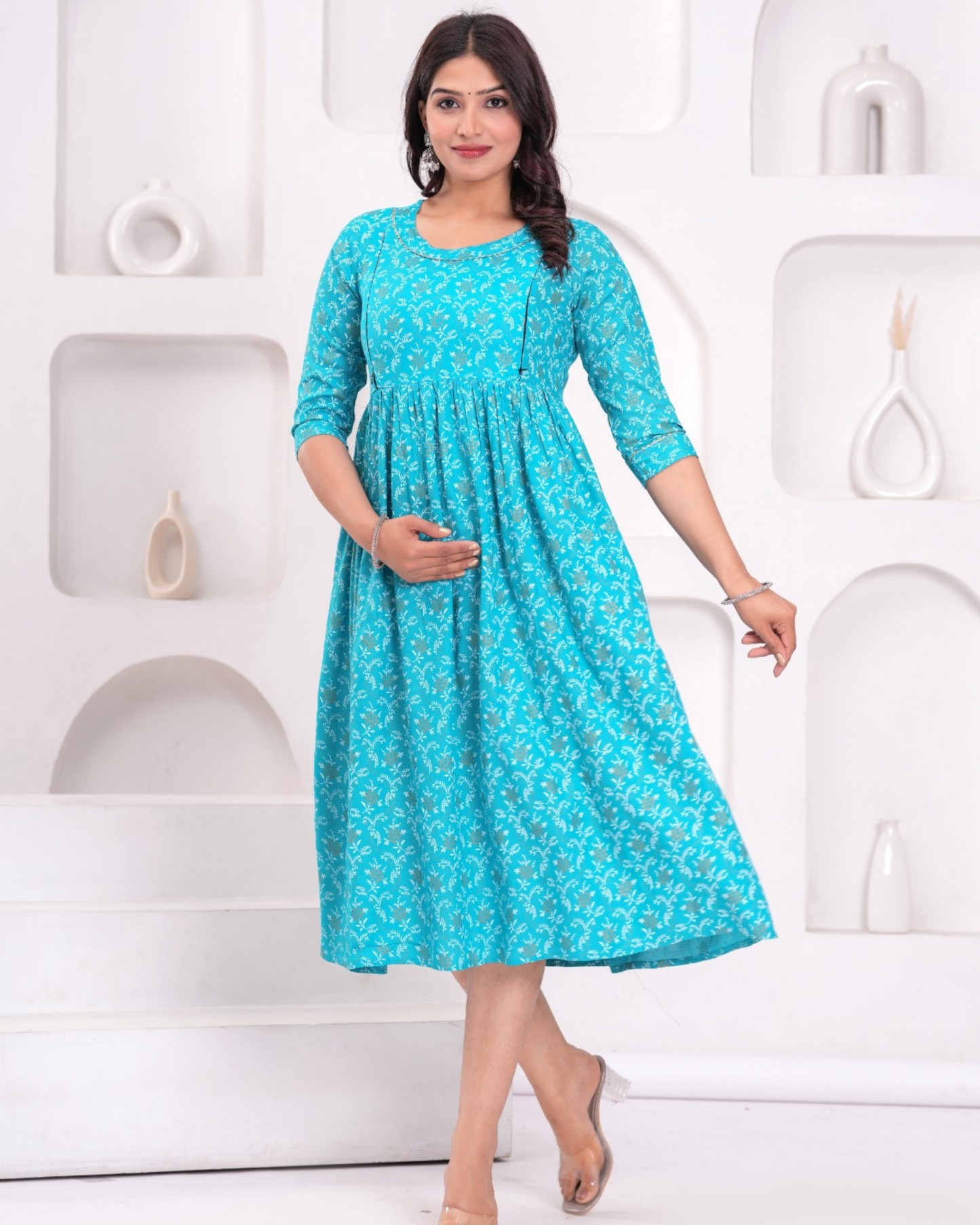 Elegant Turquoise Bell Maternity Gown with Feeding Zip