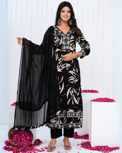 Shree Black Patti Embroidered Cotton Suit Set with Dupatta