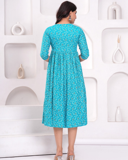 Elegant Turquoise Bell Maternity Gown with Feeding Zip