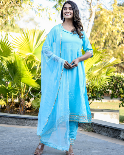 Sky Makdi Rayon Anarkali Kurti Set with Lace Work Pant & Dupatta