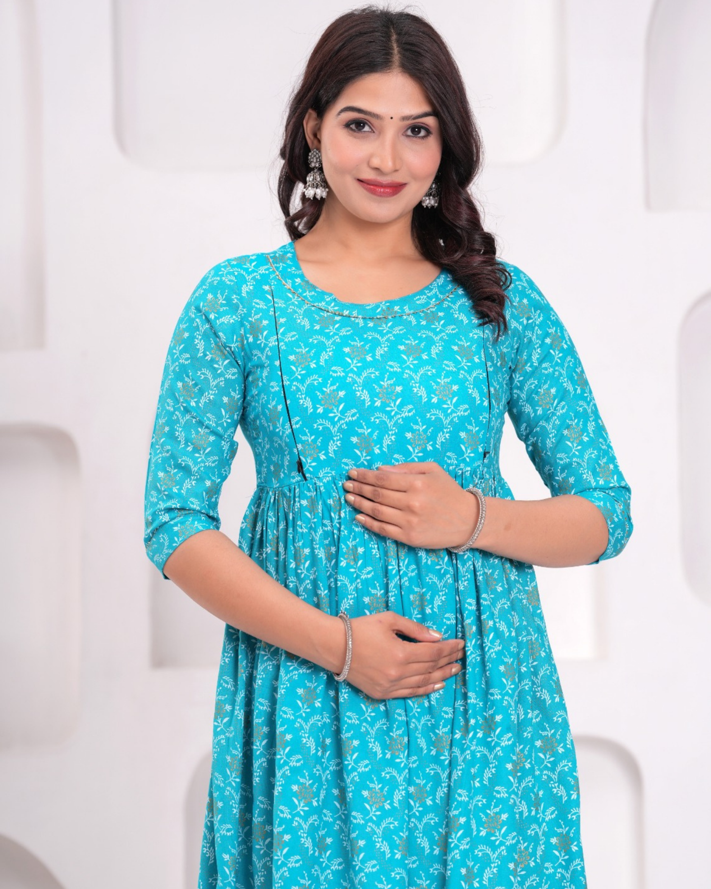 Elegant Turquoise Bell Maternity Gown with Feeding Zip