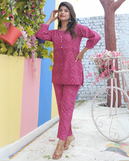 Pink Bandhej Cotton Printed Co-ord Set Traditional and Stylish
