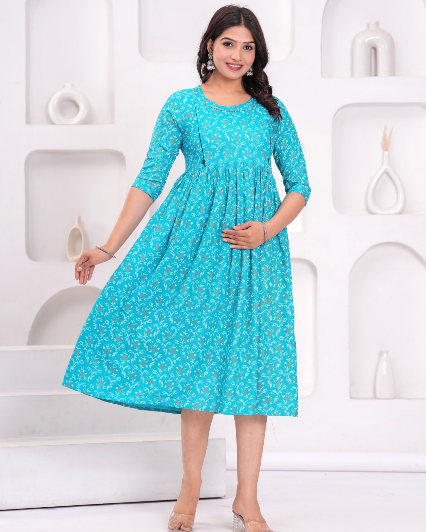 Elegant Turquoise Bell Maternity Gown with Feeding Zip