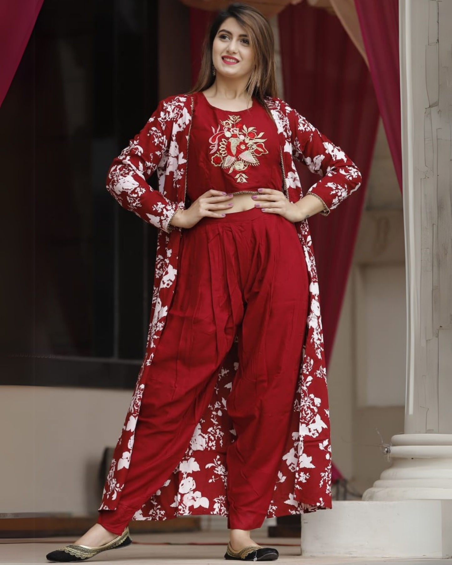 Rayon Printed Shrug with Embroidered Choli and Dhoti Set