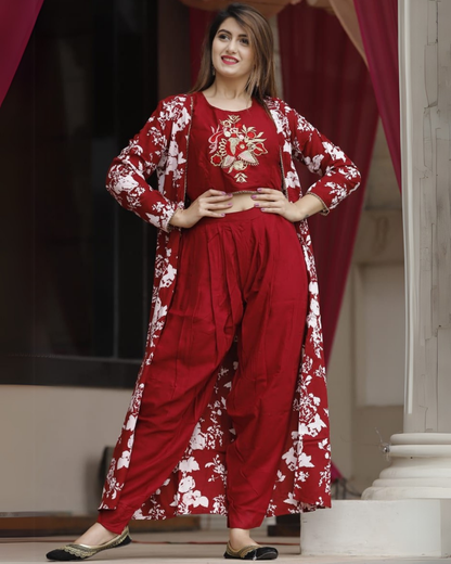 Rayon Printed Shrug with Embroidered Choli and Dhoti Set