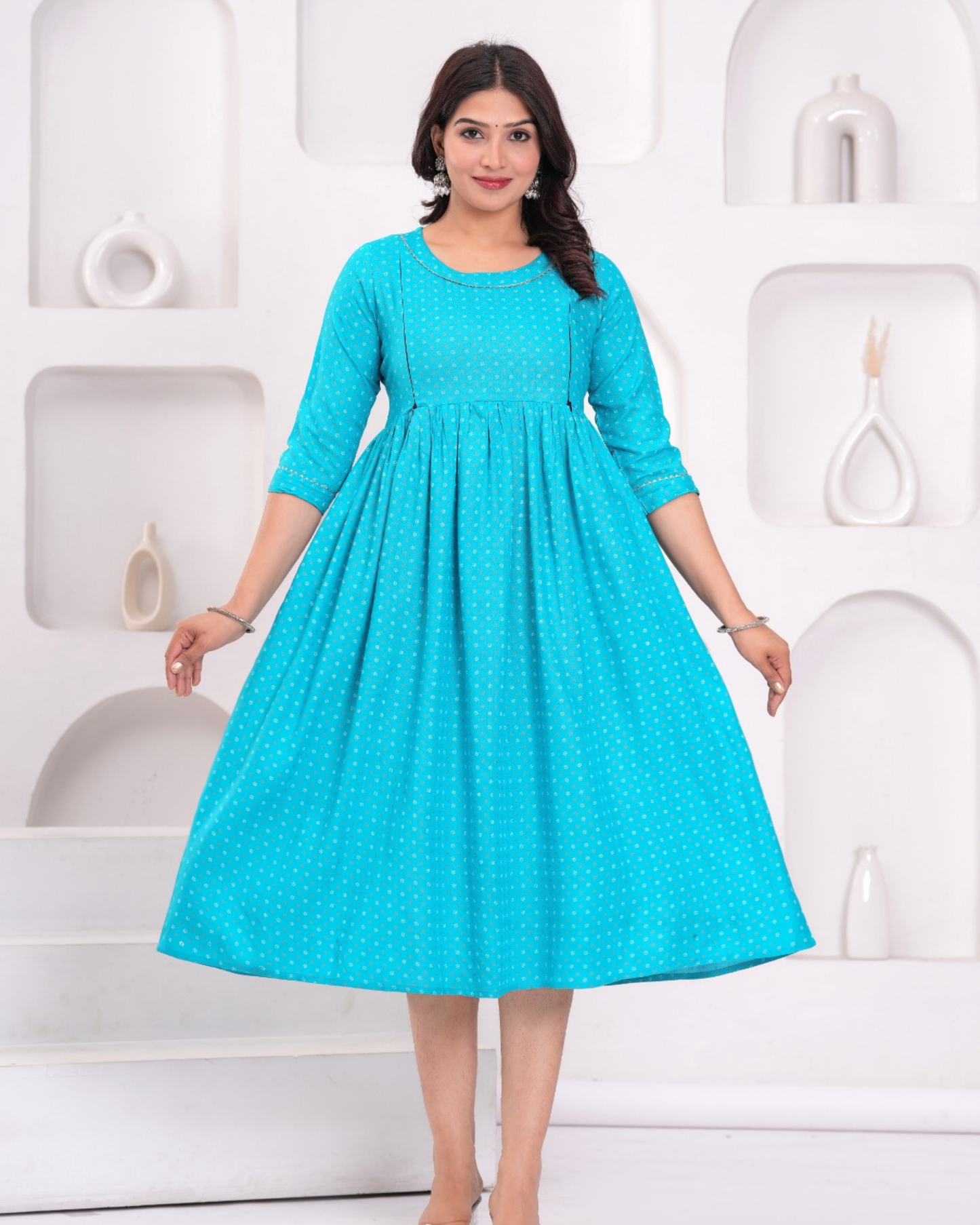 Classic Turquoise Butti Maternity Gown with Feeding Zip