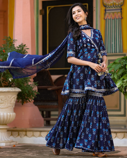 Blue Butta Cotton Printed Kurti with Sharara and Dupatta Set