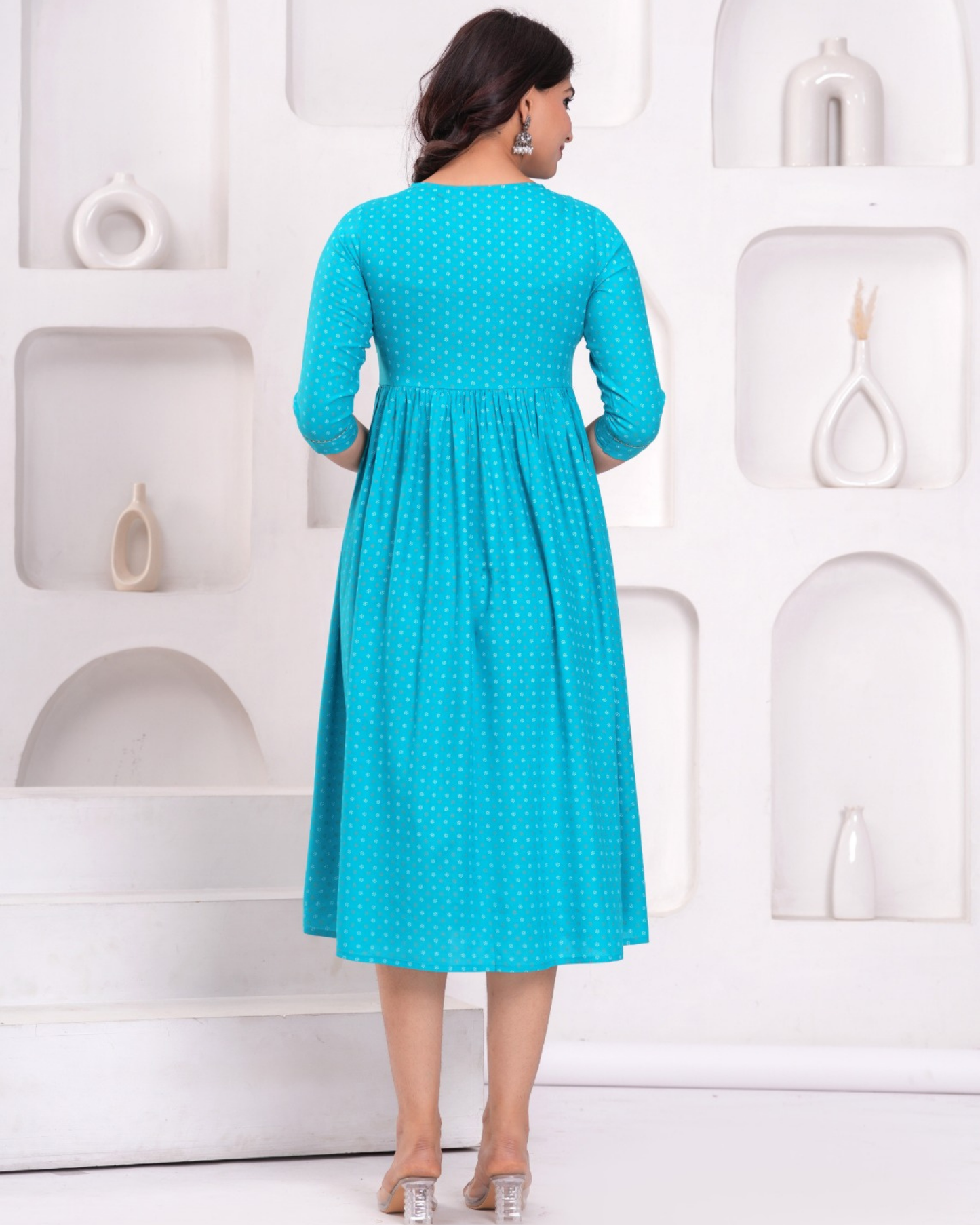 Classic Turquoise Butti Maternity Gown with Feeding Zip