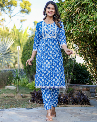 Blue Flower Cotton Embroidered Kurti Set with Pant