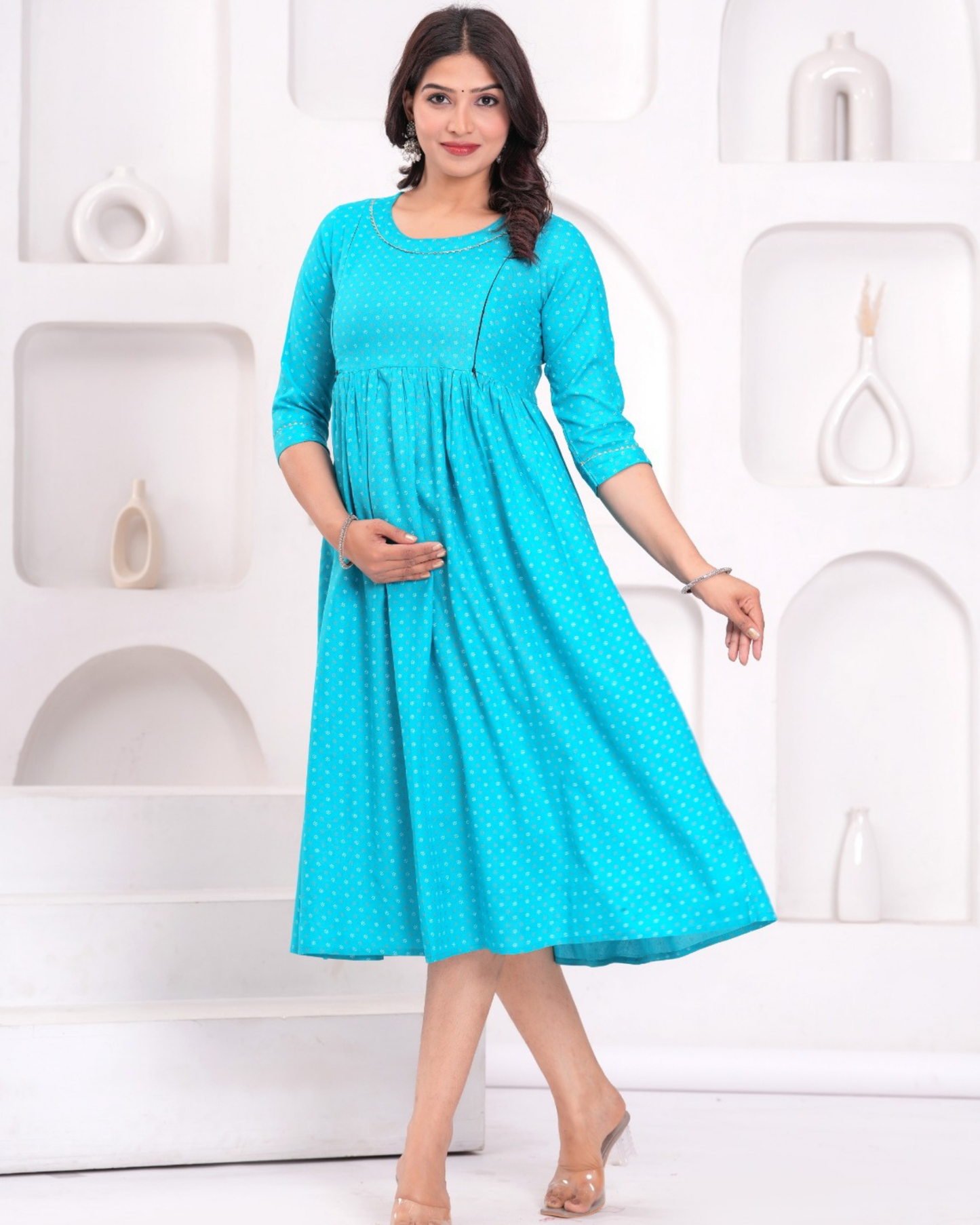 Classic Turquoise Butti Maternity Gown with Feeding Zip