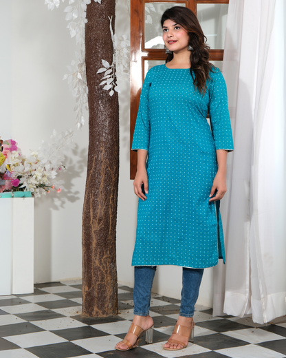 Turquoise Rayon Printed Straight Kurti Elegant and Comfortable