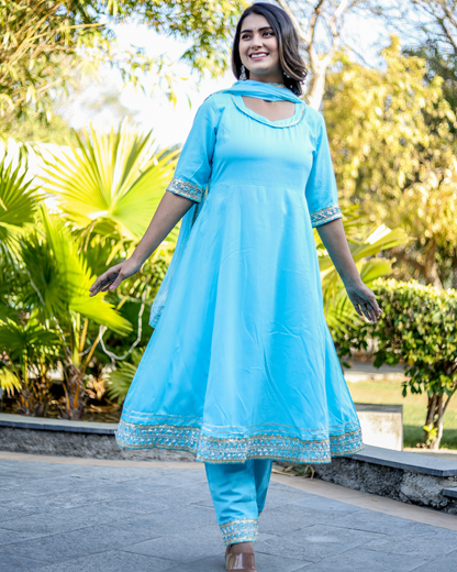 Sky Makdi Rayon Anarkali Kurti Set with Lace Work Pant & Dupatta