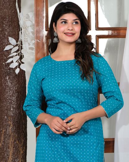 Turquoise Rayon Printed Straight Kurti Elegant and Comfortable