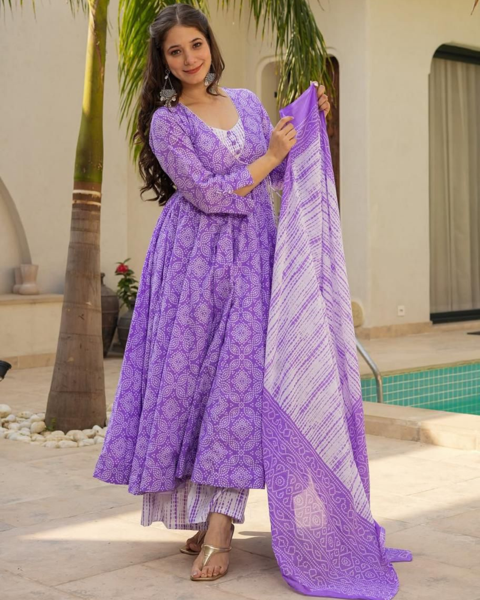 Lavender Cotton Bandhej Anarkali Suit Set with Dupatta