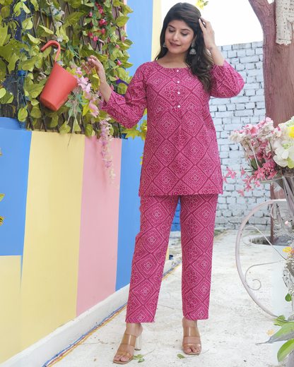 Pink Bandhej Cotton Printed Co-ord Set Traditional and Stylish