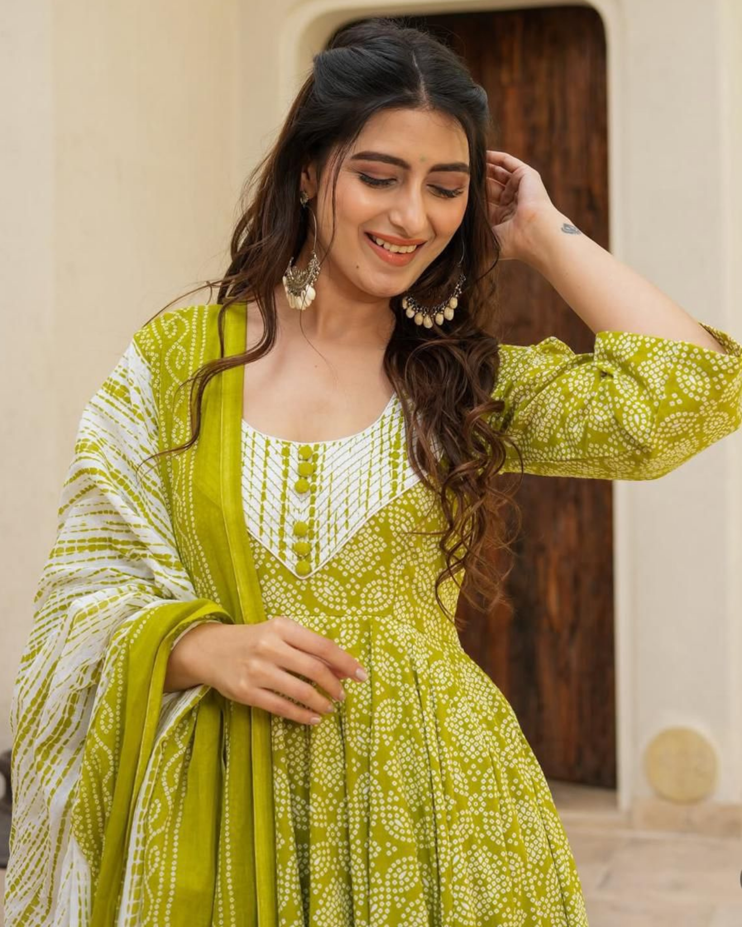 Lime Green Cotton Bandhej Anarkali Suit Set with Dupatta
