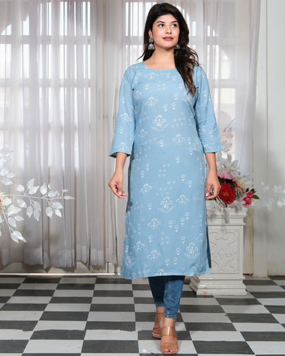 Sky Blue Rayon Printed Straight Kurti Elegant and Stylish Wear
