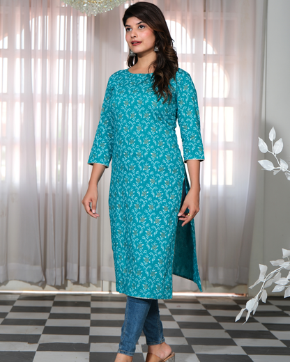 Turquoise Rayon Printed Straight Kurti Simple and Elegant Look