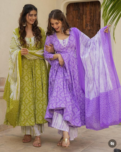 Lime Green Cotton Bandhej Anarkali Suit Set with Dupatta