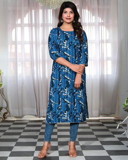 Blue Jatin Rayon Printed Straight Kurti Perfect for Daily Wear