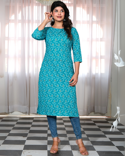Turquoise Rayon Printed Straight Kurti Simple and Elegant Look